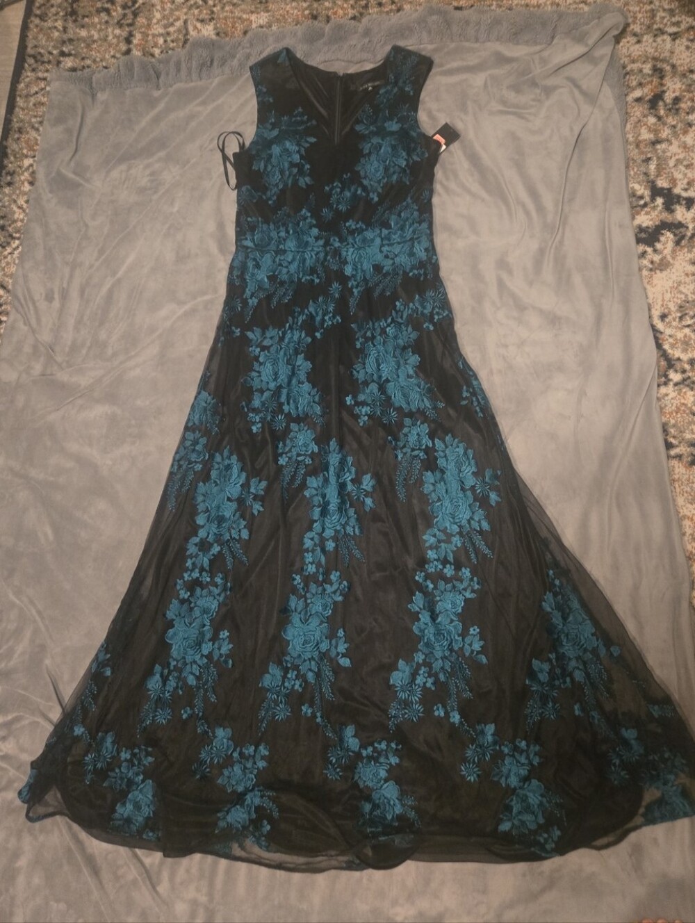 David Meister Black Maxi Dress with Teal Floral Embroidery Sz 14